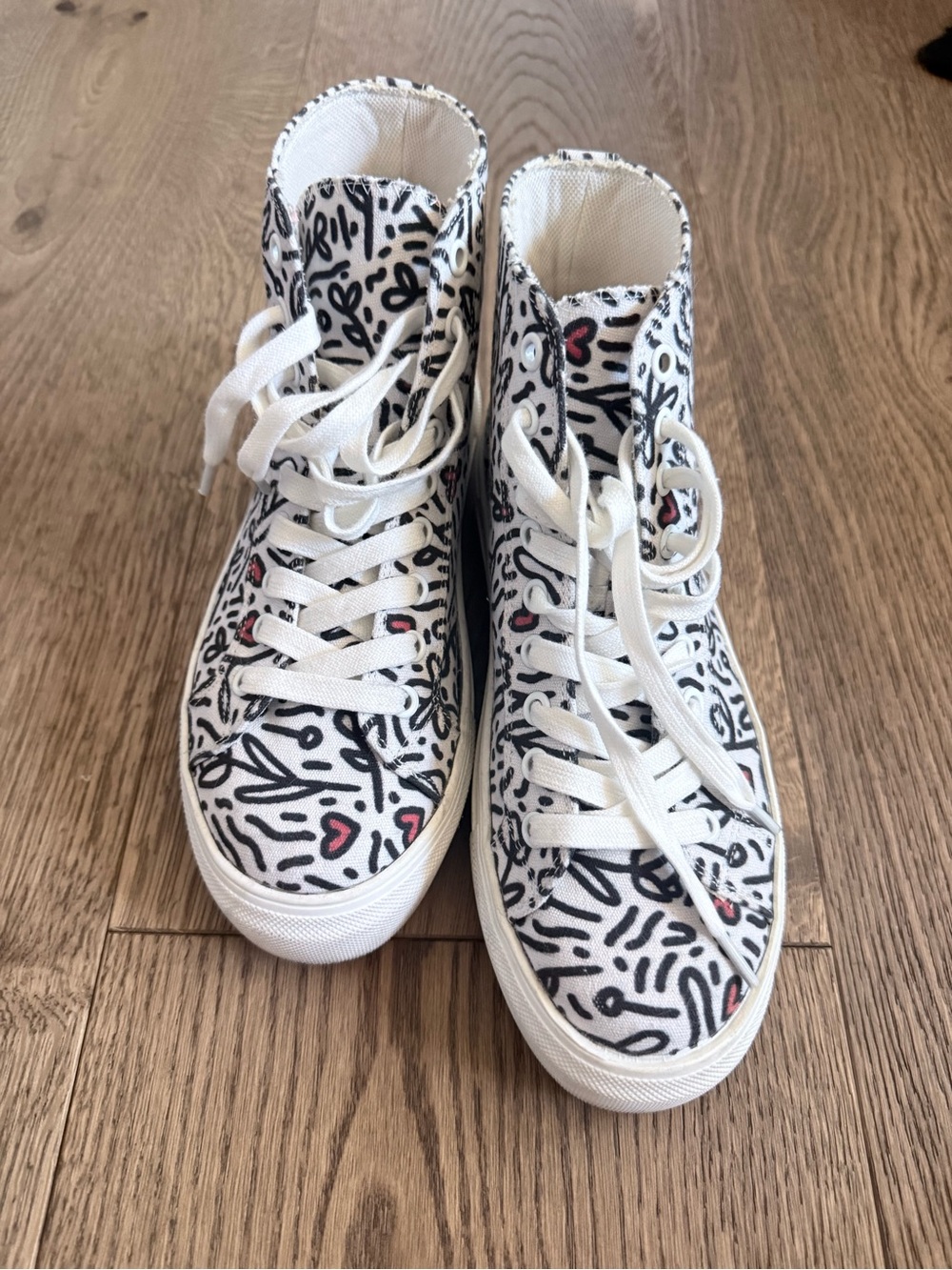 Womens High-Top Canvas Sneakers in White with Black & Red Doodle Print